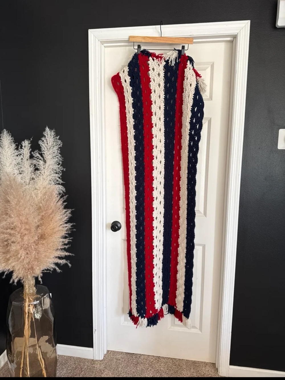 Hand Knit Crochet Red/White/Blue Blanket with tassels - Picture 2 of 12